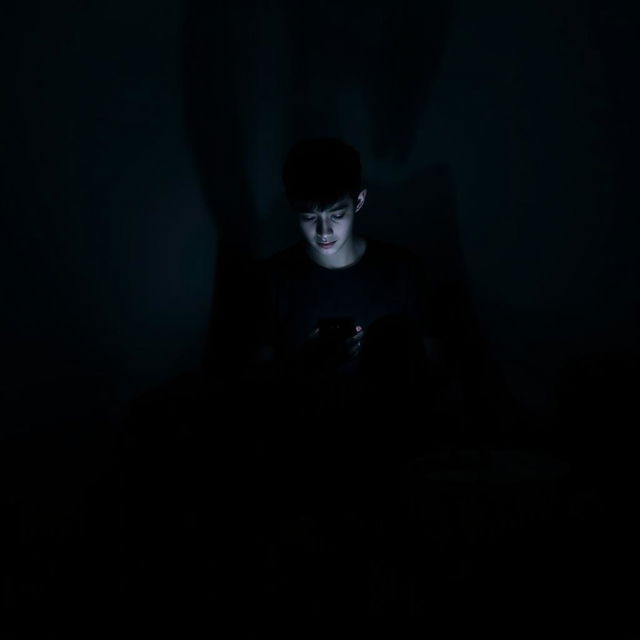 A solitary figure sitting in a dimly lit room, the shadows deepening the sense of isolation