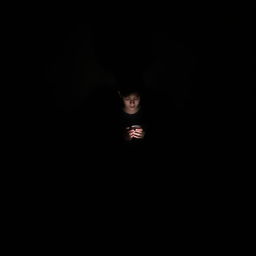 A solitary figure sitting in a dimly lit room, the shadows deepening the sense of isolation