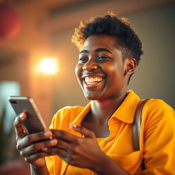 A vibrant scene depicting a person holding a smartphone in their hand, beaming with a bright smile filled with energy and joy