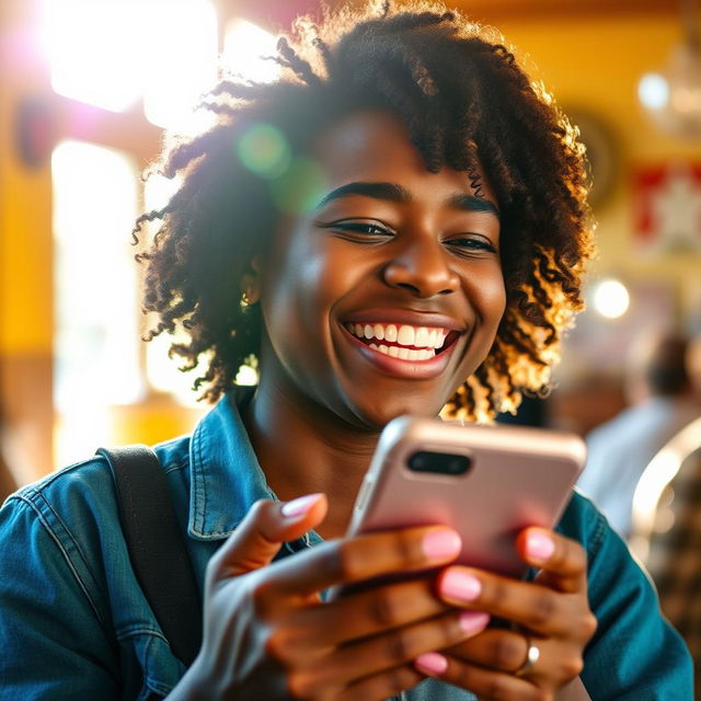 A vibrant scene depicting a person holding a smartphone in their hand, beaming with a bright smile filled with energy and joy