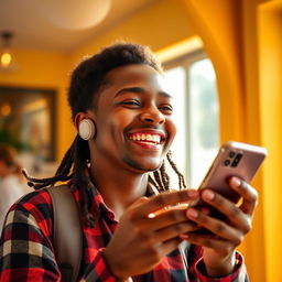 A vibrant scene depicting a person holding a smartphone in their hand, beaming with a bright smile filled with energy and joy