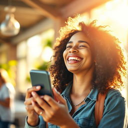 A vibrant scene depicting a person holding a smartphone in their hand, beaming with a bright smile filled with energy and joy