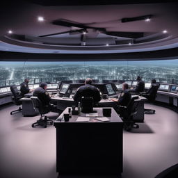 A well-lit, glass penthouse office designed as a SWAT control room, featuring five officers seated at screens on an arc console, and another officer sitting alone at a separate desk and screen, using design inspiration from the provided link.