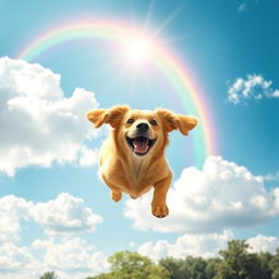 A whimsical scene depicting a happy dog soaring through a bright blue sky with fluffy white clouds