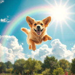 A whimsical scene depicting a happy dog soaring through a bright blue sky with fluffy white clouds