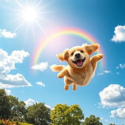 A whimsical scene depicting a happy dog soaring through a bright blue sky with fluffy white clouds