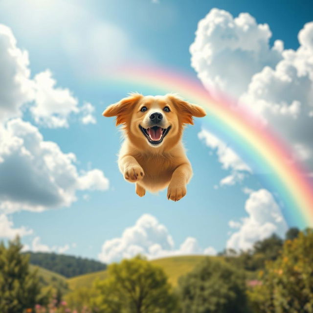 A whimsical scene depicting a happy dog soaring through a bright blue sky with fluffy white clouds