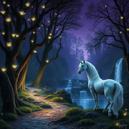 A mystical scene from a fantasy film, showcasing an ancient, enchanted forest bathed in twilight