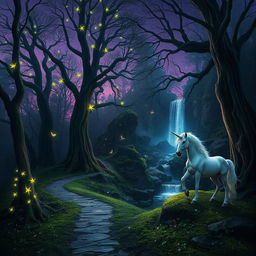 A mystical scene from a fantasy film, showcasing an ancient, enchanted forest bathed in twilight