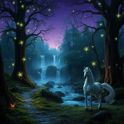 A mystical scene from a fantasy film, showcasing an ancient, enchanted forest bathed in twilight