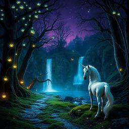 A mystical scene from a fantasy film, showcasing an ancient, enchanted forest bathed in twilight