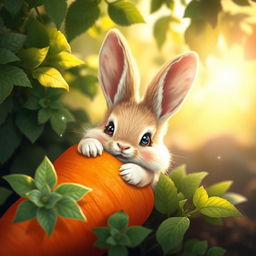 A whimsical scene featuring an adorable rabbit completely submerged in a vibrant orange carrot