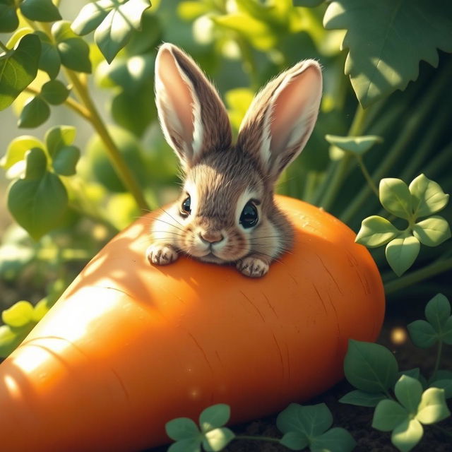 A whimsical scene featuring an adorable rabbit completely submerged in a vibrant orange carrot