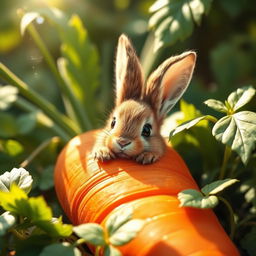 A whimsical scene featuring an adorable rabbit completely submerged in a vibrant orange carrot