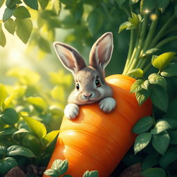 A whimsical scene featuring an adorable rabbit completely submerged in a vibrant orange carrot