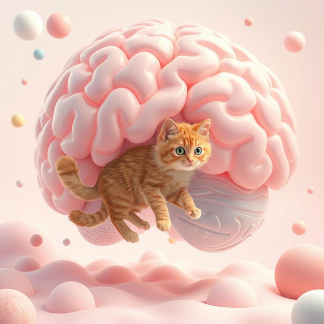 A whimsical surreal scene depicting a cat playfully walking inside a large, translucent brain