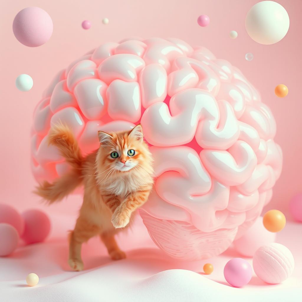 A whimsical surreal scene depicting a cat playfully walking inside a large, translucent brain