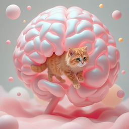 A whimsical surreal scene depicting a cat playfully walking inside a large, translucent brain