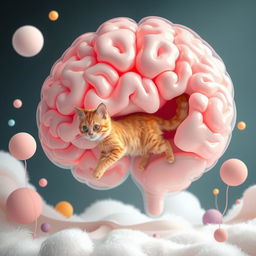 A whimsical surreal scene depicting a cat playfully walking inside a large, translucent brain