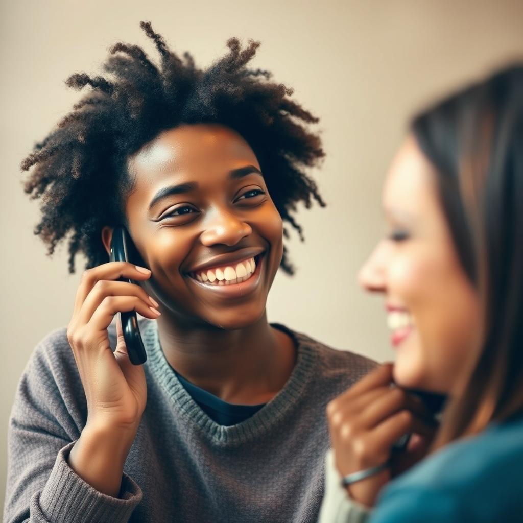 A lively scene featuring a person engaged in a conversation on a mobile phone, wearing a warm and genuine smile