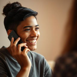A lively scene featuring a person engaged in a conversation on a mobile phone, wearing a warm and genuine smile