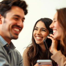 A lively scene featuring a person engaged in a conversation on a mobile phone, wearing a warm and genuine smile