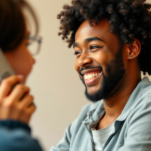 A lively scene featuring a person engaged in a conversation on a mobile phone, wearing a warm and genuine smile