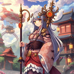 A Japanese shrine maiden anime girl dressed in a captivating steampunk style
