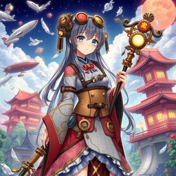 A Japanese shrine maiden anime girl dressed in a captivating steampunk style
