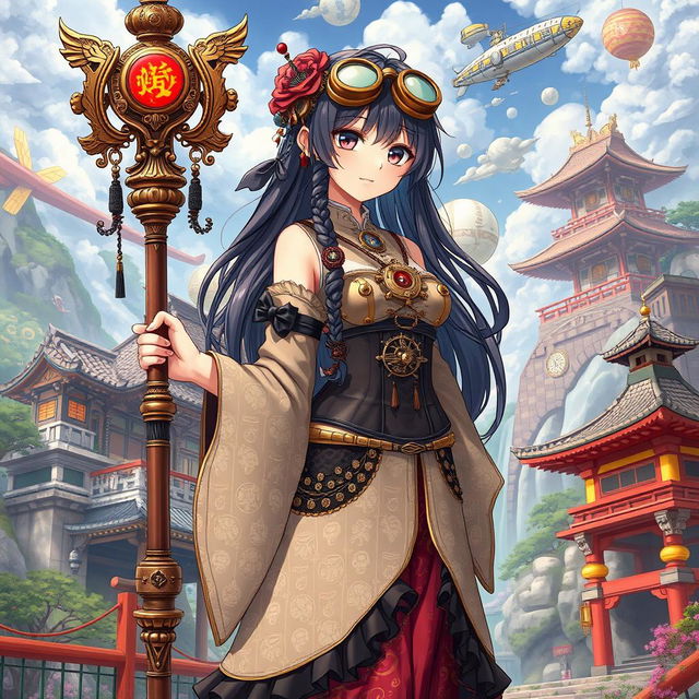 A Japanese shrine maiden anime girl dressed in a captivating steampunk style