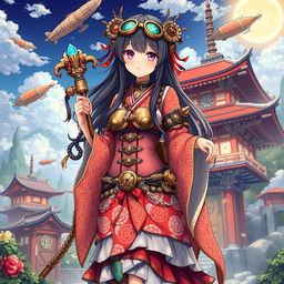 A Japanese shrine maiden anime girl dressed in a captivating steampunk style