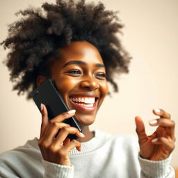 A cheerful scene featuring a white individual engaged in a conversation on a mobile phone, displaying a bright smile that conveys warmth and happiness