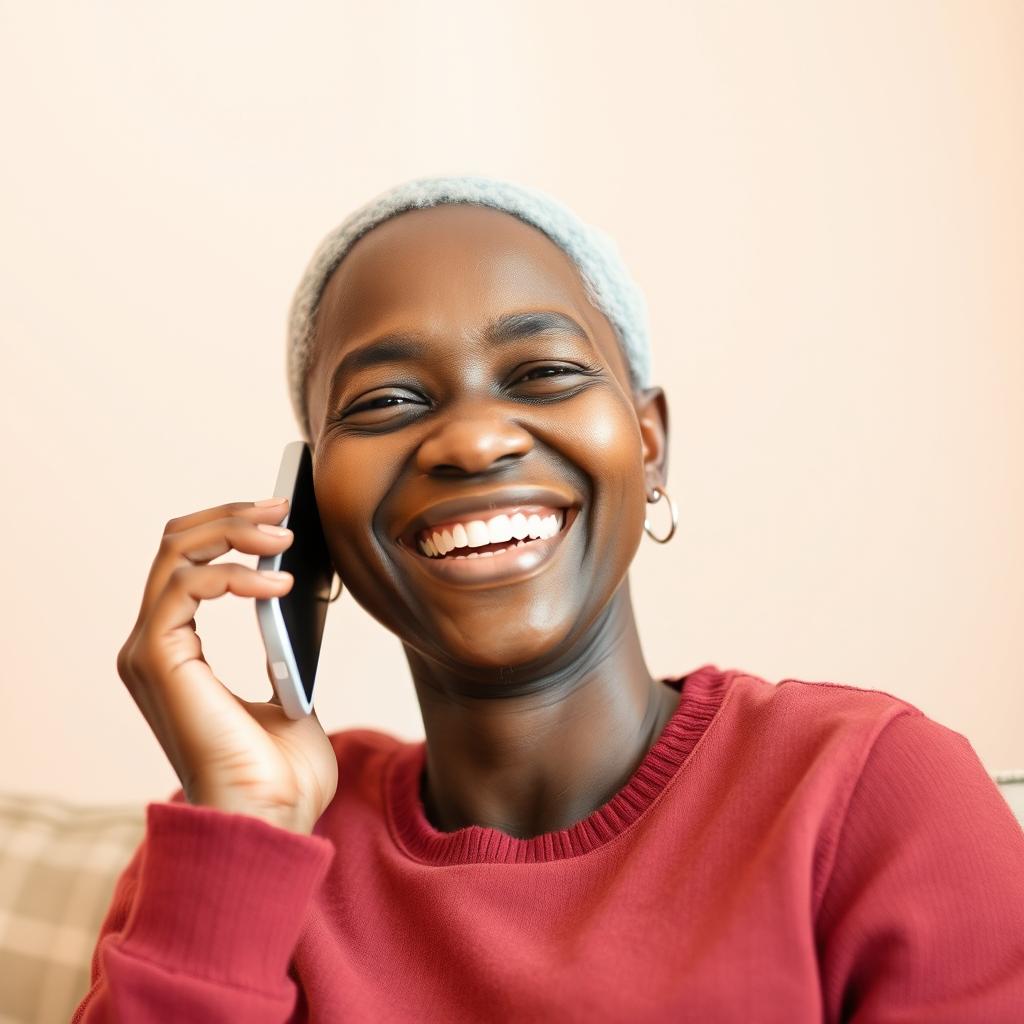 A cheerful scene featuring a white individual engaged in a conversation on a mobile phone, displaying a bright smile that conveys warmth and happiness