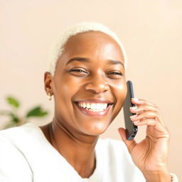 A cheerful scene featuring a white individual engaged in a conversation on a mobile phone, displaying a bright smile that conveys warmth and happiness