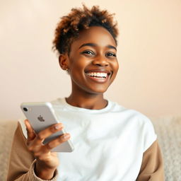 A cheerful scene featuring a white individual engaged in a conversation on a mobile phone, displaying a bright smile that conveys warmth and happiness