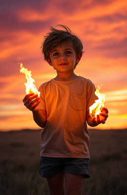A young boy standing confidently in an open field, holding flames in his hands, surrounded by a dramatic sunset sky