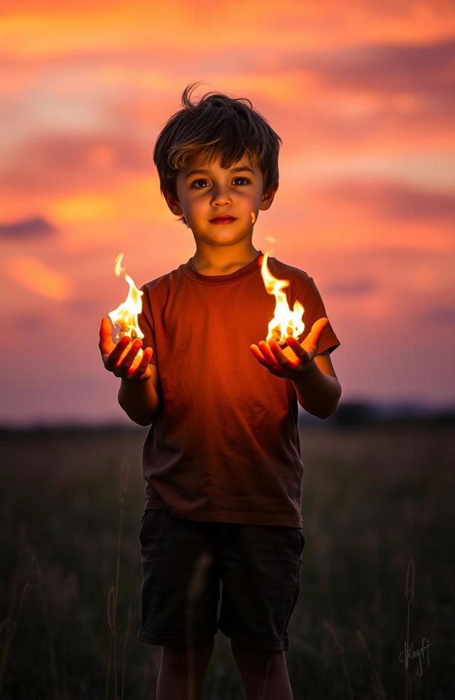 A young boy standing confidently in an open field, holding flames in his hands, surrounded by a dramatic sunset sky