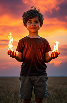 A young boy standing confidently in an open field, holding flames in his hands, surrounded by a dramatic sunset sky