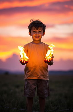 A young boy standing confidently in an open field, holding flames in his hands, surrounded by a dramatic sunset sky