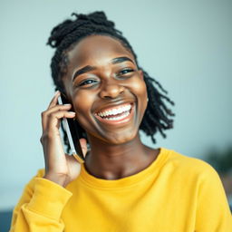 A bright and cheerful image of a white person engaged in a lively phone conversation, showcasing a wide smile that radiates happiness