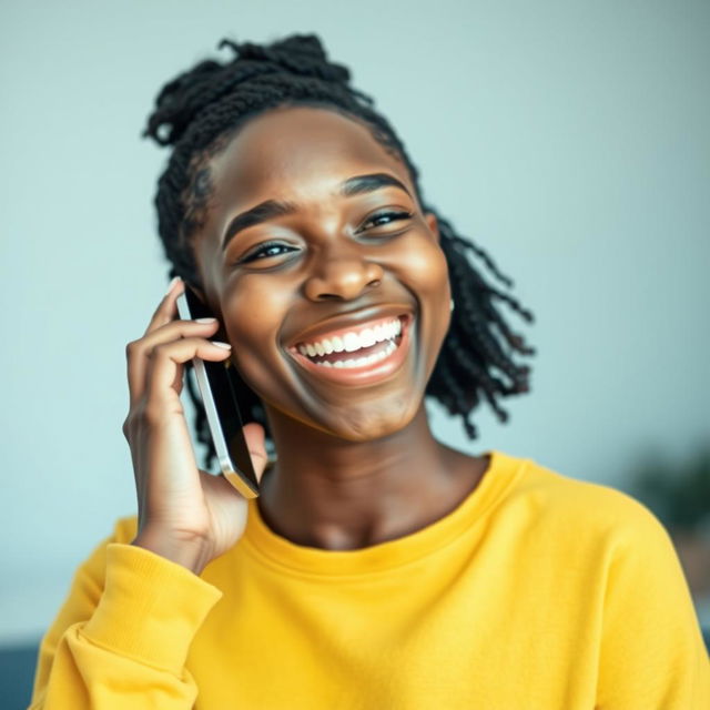 A bright and cheerful image of a white person engaged in a lively phone conversation, showcasing a wide smile that radiates happiness