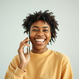 A bright and cheerful image of a white person engaged in a lively phone conversation, showcasing a wide smile that radiates happiness