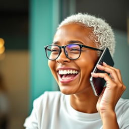 A bright and cheerful image of a white person engaged in a lively phone conversation, showcasing a wide smile that radiates happiness