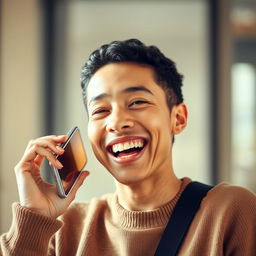 A bright and cheerful image of a white person engaged in a lively phone conversation, showcasing a wide smile that radiates happiness