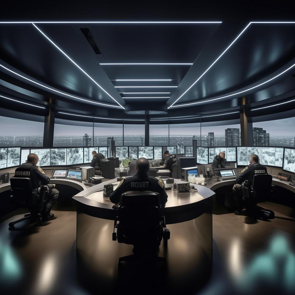 A well-lit, glass penthouse office designed as a SWAT control room, featuring five officers seated at screens on an arc console, and another officer sitting alone at a separate desk and screen, using design inspiration from the provided link.