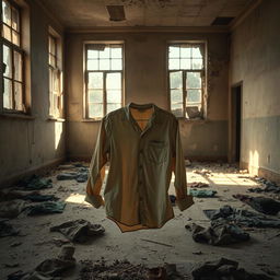 An abandoned room filled with dust and decay, with sunlight streaming through broken windows, casting dramatic shadows on the floor