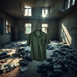An abandoned room filled with dust and decay, with sunlight streaming through broken windows, casting dramatic shadows on the floor