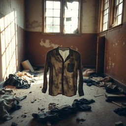An abandoned room filled with dust and decay, with sunlight streaming through broken windows, casting dramatic shadows on the floor