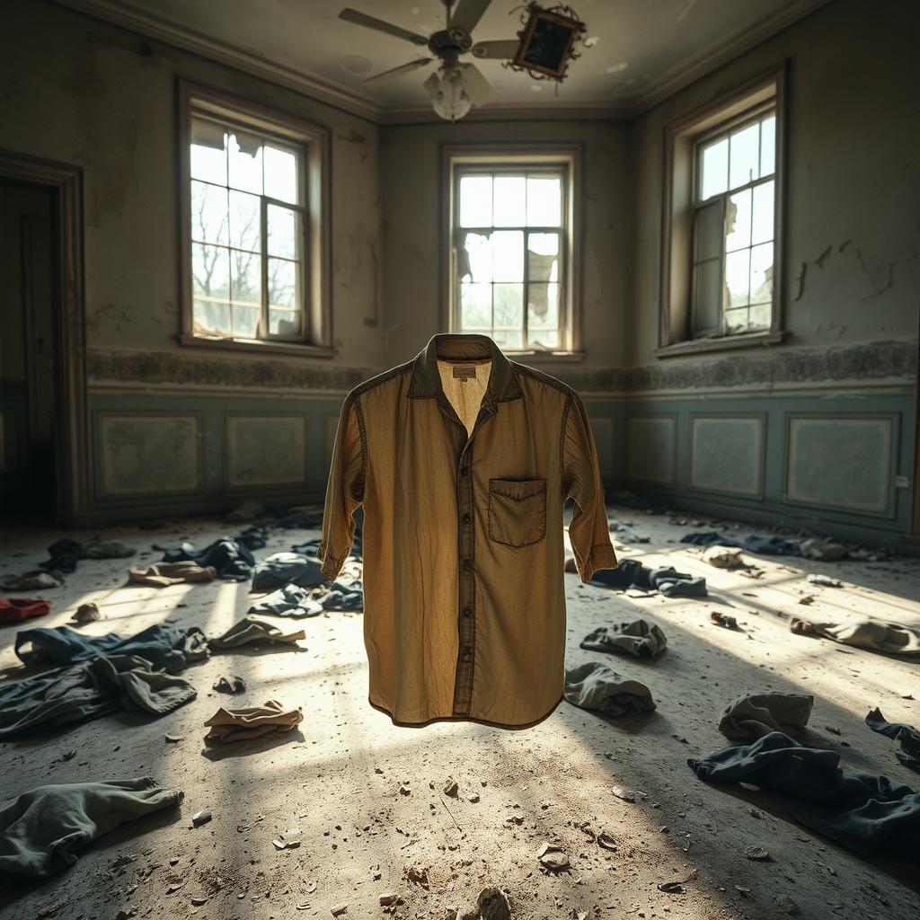 An abandoned room filled with dust and decay, with sunlight streaming through broken windows, casting dramatic shadows on the floor