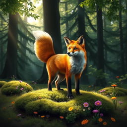 A realistic and vibrant depiction of a red fox in a lush forest setting